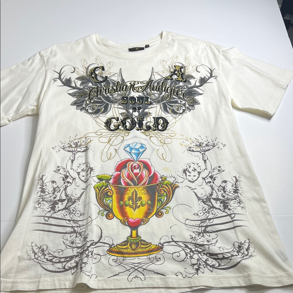 Christian Audigier White Graphic Tee with Gold and Red Accents